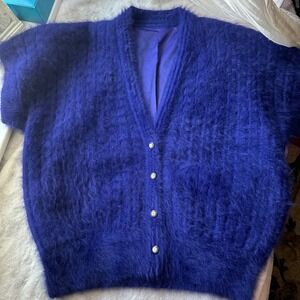 80% Angora Wool Chic Cardigan Button Front Short Sleeve Blue Shag